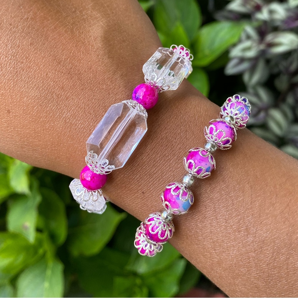Two piece beaded bracelet set, pink bead bracelet